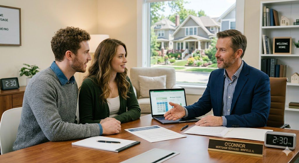 Mortgage advisor in a blue blazer discusses home loan options with a couple at a wooden table; laptop and documents are on the table in a bright office with a window view of houses outside.
